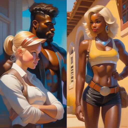Prompt: Buff African-American gigachad meets cute blonde American girl, 2050, cartoony style, extremely detailed painting by Greg Rutkowski and by Henry Justice Ford and by Steve Henderson 
