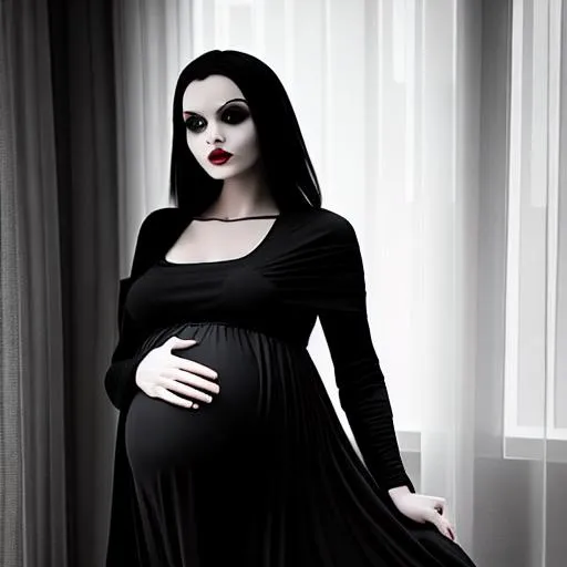 Prompt: imagine pregnant girl, Wednesday Adams in labor process, hospital, sharpness, smoke, mystery, gothic, full-body, , epic, hyperrealism, 3D detailed, incrustation, contrast forms and lines, contrast space and light, dof, photorealism, polymorphism, sheer, dark silk, crisp quality, macro