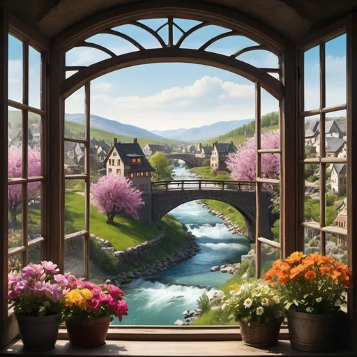 Prompt: Big town, blooming flowers in window boxes, bridge and rapids, orchard, window view, dramatic fantasy settlement scene, cinematic lighting