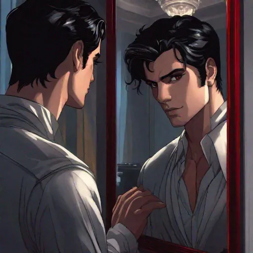 Prompt: Damien (male, short black hair, red eyes) placing his hand on the mirror staring at his reflection 