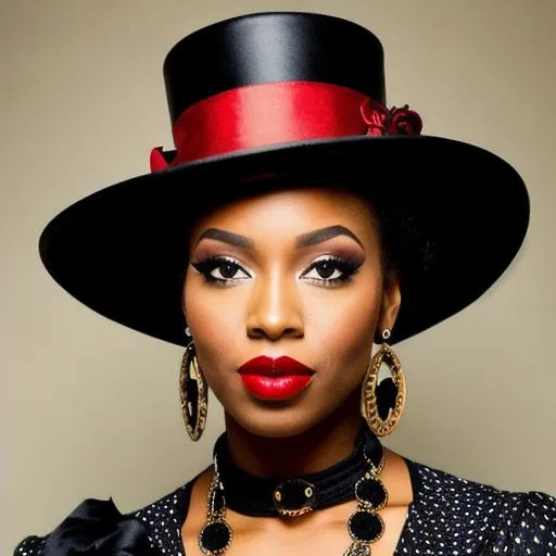 Prompt: black Steampunk woman, pretty face, red lips, tall hat, closeup