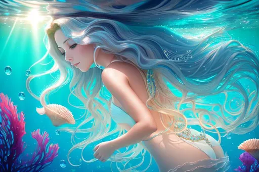 Prompt: Digital style painting, a woman, siren, alien, swimming, deep ocean, sun beams, long curly flowing hair, soft light, seaweed, shells, filigree decoration, backlit, sparkles, bubbles, opal, diamond, underwater, exquisite, fine art, 4k, ultra HD