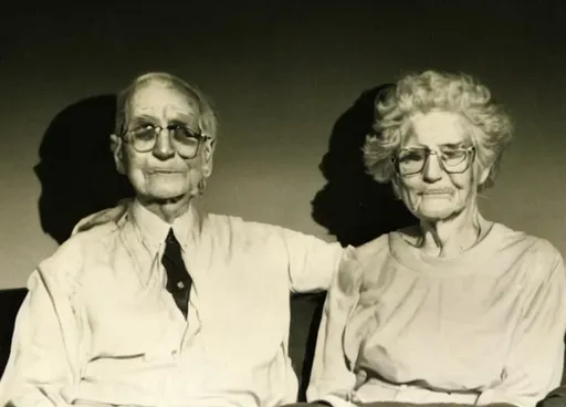 Prompt: Colorized picture of two old people in their 70s sitting on a two-seater couch. They look like the two people in the picture but older versions.