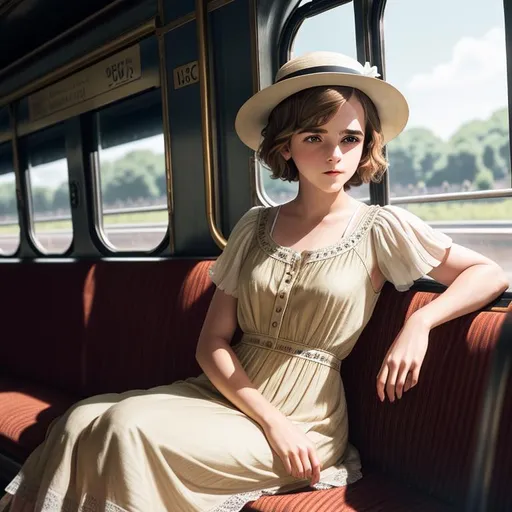 Prompt: old time photo of young emma Watson, dressed with 1920s very short hair, wearing a summer hat, long, flowing, spring dress, sitting on train, raw photo, photorealistic, High Detail, dramatic, UHD, HDR raw photo, realistic, sharp focus, 8K high definition, insanely detailed, intricate, high quality, 