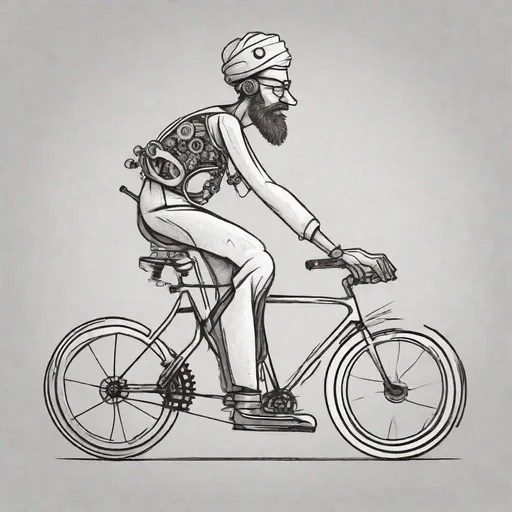 Prompt: a drawing of a half man half bicycle character, hand drawn, cartoon, line art, simple, bike wheels, gears, rolling, skating, carbon fiber, caricature, medium shot beard, turban, cyborg, magnificent, happy