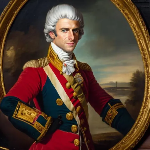 Prompt: Emmanuel Macron wearing 18th century military uniform with a 18th century white mens wig in an oil painting 