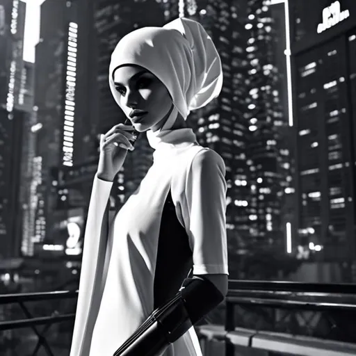 Prompt: MONOCHROME, isabelle caro, hijab, skinny, anorexic, beautiful face, cyberpunk 2077, cybernetic arms, beautiful white gown