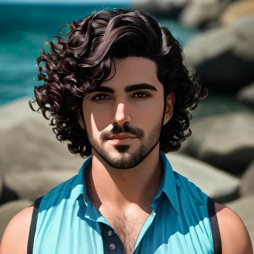 Prompt:  a handsome young merman aged 35 years with dark curls,4k,  facial closeup



