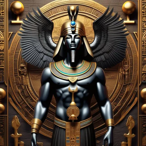 Prompt: A majestic Sci-Fi representation of the Egyptian God Horus, depicted as a Supreme Deity having human body and a falcon head, holding an high-detailed {Ankh Cross} against a ultra-detailed backdrop of ancient Egyptian hieroglyphics. Perfect image composition, flawless futuristic style, digital art masterpiece. UHD 64K, trending on ArtStation, apply Realistic Vision, Octane 3D HDR.