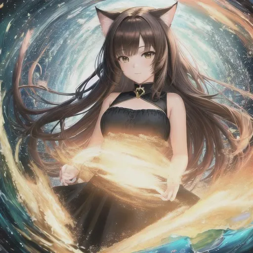 Prompt: oil painting, UHD, hd , 8k,  anime, hyper realism, Very detailed, zoomed out view, clear visible face, full character in view, clear visible face, cute cat girl character with long brown hair, wears a black
 dress,