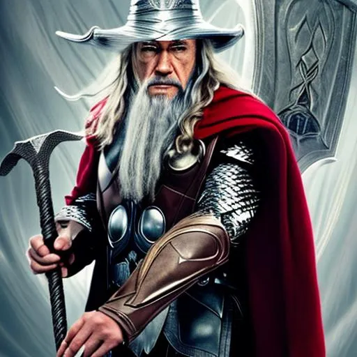 Prompt: Gandalf the Grey with Thor's hammer, iron man's suit, Capain America shield and his classic pointy hat