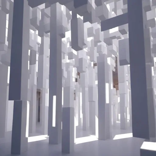 Prompt: create a realistic image of a sculpture of white cubes on a pilar inside a room of a museum