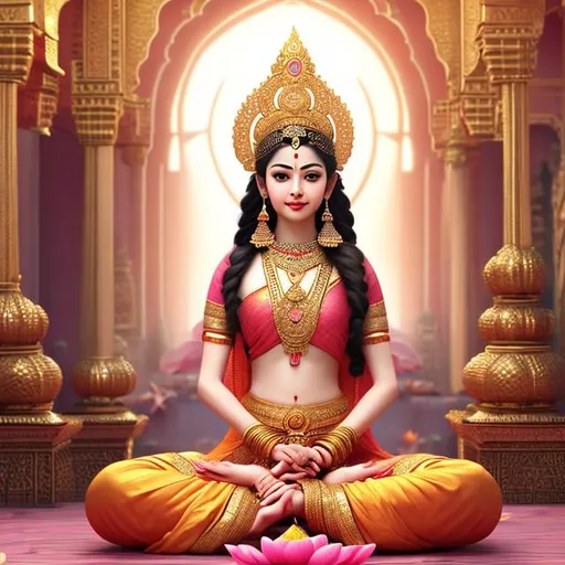 Prompt: image of goddess like woman siting on a pink lotus, perfect beauty, gorgeous golden ornate, red dress , calm background, de noise, hyper realistic, front pose, soft body, intricate design, perfect anatomy, elegant, RTX, detailed