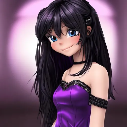 Prompt: a teenage girl in a black and purple dress, with her black long hair down