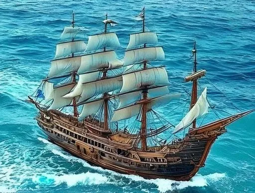 Prompt: Turn this ship into a pirate sailing ship and add sea to the bottom of the ship