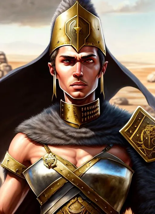Prompt: Roman Imperial Soldier Portrait, Desert Background, Character, Lone Wanderer, Full Body View, Concept Art, Character, detailed Face, d & d, perfect composition, hyperrealistic, super detailed, 8k, high quality, trending art, trending on artstation, sharp focus, intricate details, highly detailed, by Eddie Mendoza