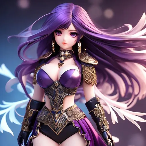 Prompt: anime style, chubby full body, female model, shapely body, long hair, silver hair, Detailed Face, intricate eyes,  purple iris, Perfect anatomy, showing skin, shadows, extremely high detail,  midriff, deep cleavage, black armor, white skirt, warrior