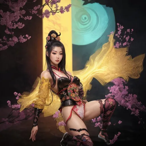 Prompt: Professional Photo Realistic Image of a hyper stylized martial artist beautiful perfect young East Asian Woman, perfect super cute face, absolute proportions, amazing body, intricate hyper detailed random color hair, intricate hyper detailed Geisha style makeup, intricate hyper detailed full body visible, lean feminine body, leather and lace outfit, mythical ninja Assassin,

In a surreal ancient east Asian village, cherry trees lining the street,

HDR, UHD, high res, 64k, cinematic lighting, special effects, hd octane render, professional artist, studio lighting,

by Artstation illustrators, by DevianArt illustrators, intricate details, face,  full body portrait, headshot, illustration, UHD, 4K