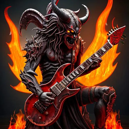Demon shredding guitar in hell, demons jumping at hi... | OpenArt