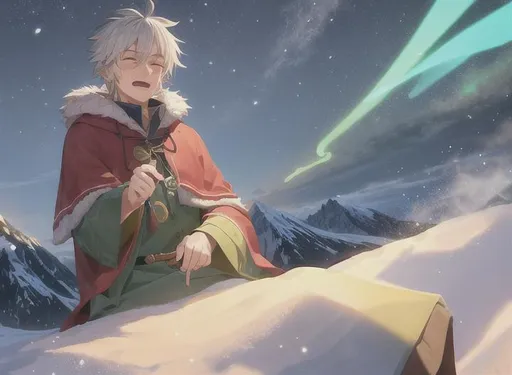 Prompt: Old man charismatic grad Sage practicing magic in top of mountain. Snowy, magic, fantasy, meditation