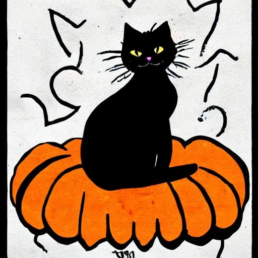Prompt: black cat, pumpkin, propaganda poster, line drawing