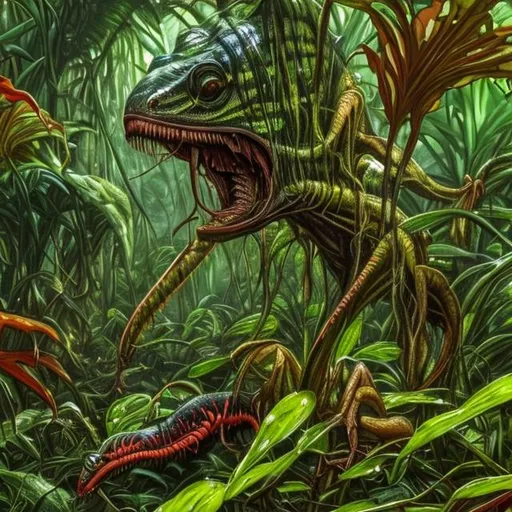 Prompt: An as yet undiscovered plant species that is closely related to Venus fly traps, except it's large enough to eat a human, anda& is a lightning fast ambush predator, is approached deep in the jungle by unsuspecting explorers.