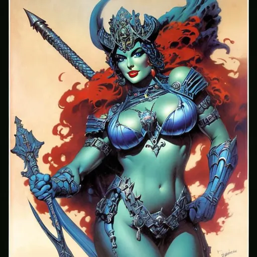 Prompt: gorgeous majestra from Masters of the universe, frank frazetta, brom
