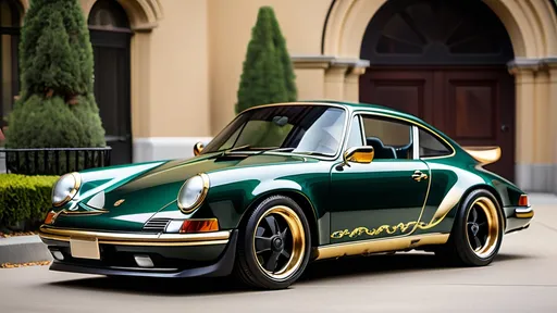 Prompt: Victorian era Porsche 911, Forrest green with gold leaf, gold rims, large whale tail
