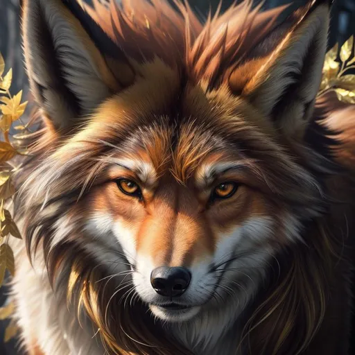 Prompt: insanely beautiful portrait of a brawny rugged fox-wolf, (quadrupedal canine), UHD, HDR , 8k eyes, detailed face, big anime intense eyes, gold leaf wreath, dense bright gold fur, close up, cinematic lighting, hyper realistic, hyper realistic fur, 8k, complementary colors, masterpiece, epic oil painting, epic digital art, fantasy art, beautiful and detailed mountain peak castle, golden ratio, high octane render, photo realism, fantasy direwolf, wild billowing mane with stunning lustre, magic gold fur highlights, volumetric lighting, glaring, growling, wise, depth, high definition face, highly detailed intense shading, intricate details, insanely detailed, unreal 5, concept art, artstation, top model, sunlight on hair, sparkling gold jewels on crest, intricate hyper detailed breathtaking colorful glamorous scenic view landscape, ultra-fine details, hyper-focused, deep colors, intense colors, dramatic lighting, ambient lighting, by sakimi chan, anne stokes, artgerm, wlop, pixiv, tumblr, instagram, deviantart