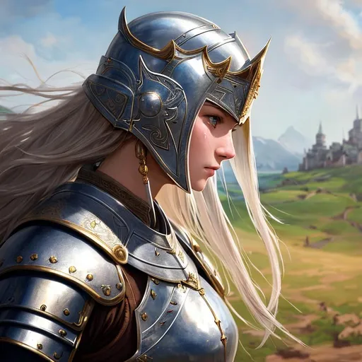 Prompt: Portrait photo, 25 years old, girl,  knight armor without helmet, knees on the ground, crying, shed tears, medieval warfare, heavenly beauty, 8k, 50mm, f/1. 4, high detail, sharp focus, perfect anatomy, highly detailed, detailed and high quality background, oil painting, digital painting, Trending on artstation, UHD, 128K, quality, Big Eyes, artgerm, highest quality stylized character concept masterpiece, award winning digital 3d, hyper-realistic, intricate, 128K, UHD, HDR, image of a gorgeous, beautiful, dirty, highly detailed face, hyper-realistic facial features, cinematic 3D volumetric, illustration by Marc Simonetti, Carne Griffiths, Conrad Roset, 3D anime girl, Full HD render + immense detail + dramatic lighting + well lit + fine | ultra - detailed realism, full body art, lighting, high - quality, engraved |