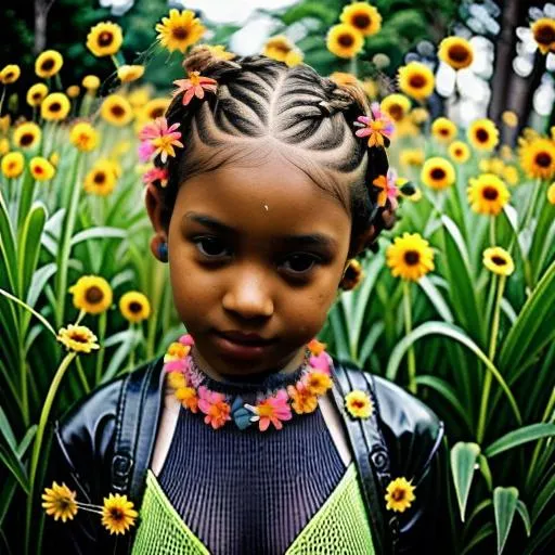 Prompt: brownskinned girl with short braids and colorful, tiny flowers in her hair