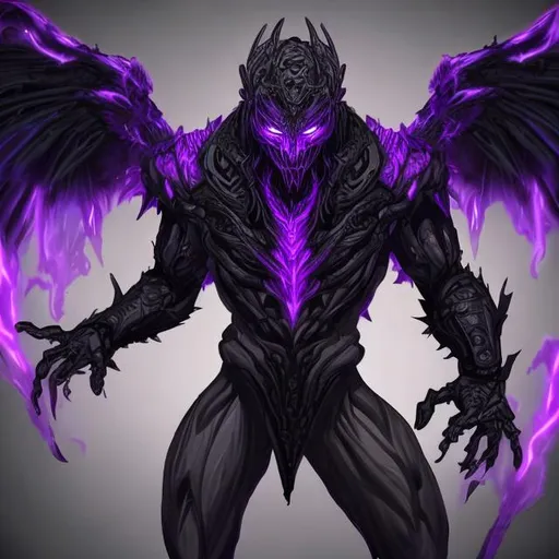 Prompt: Ink black humanoid creature with Glowing purple eyes and one raven wing