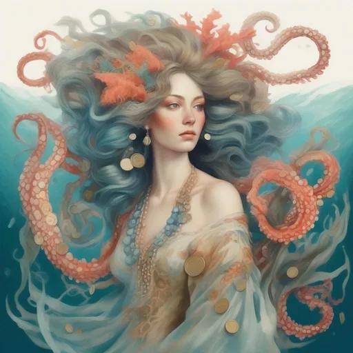 Prompt: A Beautiful and colourful woman with tentacles for hair in a flowing soft dress made of kelp, scales, coins, pearls and coral, in a painted style