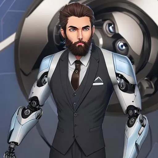 Prompt: male, brown hair with a grey streak, brown  3day beard, blue eye, robotic right arm and leg, wearing a suit, young, 