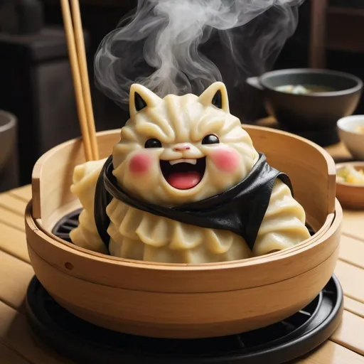 Prompt: Japanese Gyoza shaped character, sitting on a bamboo steamer, restaurant background, devilish vibes, black and yellow colours