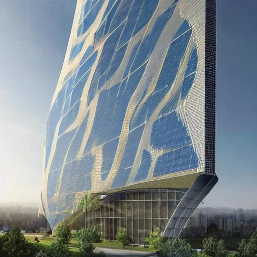 Prompt: Complete isometric view, 30 storey  office tower, trending biophilic, parametric thermal skin, cobweb wind energy seperated third skin, building integrated photovoltaics, solar optimised, staircase shape