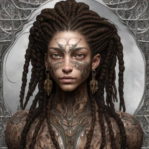 Prompt: Masterpiece, uncompressed images, 8k, extremely beautiful woman, slim, flawless body ((very detailed)), has long black hair, braided in dreadlocks ((very detailed)), expressive brown eyes ((very detailed)), fair skin  , perfect face ((symmetrical, very detailed)), narrow waist, colored tattoos ((very detailed)), complex tattoos, darkerrcore, wears 3-piece lingerie set made of black satin, underwired bra with decorative element between the cups, garter belt with suspenders, transparent black thong, lots of details, looks at the viewer, smiles, neutral background, backlight, professional photo, cinematic,  Sharp focus, highest quality