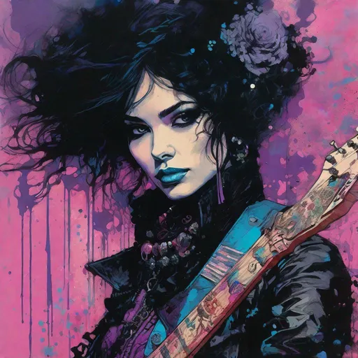 Prompt: Portrait of an gothic beautiful guitarist girl playing an electric guitar art by Jean giraud, Conrad Roset, john blanche, kent morkman, Chris Bachalo, Benedick Bana, William burroughs, calligraphy smoke inking, dripping metallic crossed black, Violet, Pink, blue and metallic silver paint, Intricate portrait of ornate gothloli in ragged punk fashion, futuristic tattered rags, stylized fantasy art by wlop, artgerm, peter mohrbacher, bloodborne concept art, kentaro miura, kevin oneill, frazetta, trending on artstation, Masaaki asamoto beksinski frank miller lee bermejo Marc Simonetti egon schiele Joaquín Sorolla Simon Stalenhagmat brown  Matti Suuronen Jeffrey Larson druillet Tom Thomson Ross Tran James Turrell Van Gogh frazetta Rembrandt Louis Wain