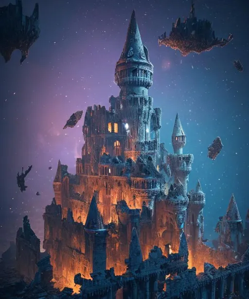 Prompt: a completely destroyed ((abandoned)) castle with debris floating in the air, night time, broken, destruction, foreboding ruins, ancient ruins, muted colors, Victorian, gothic, dark, Masterpiece,  photo quality,  cinematic light, ((depth of field)), fractal isometrics details bioluminescence, Luminous Studio graphics engine, trending on artstation Isometric Centered hyperrealist cover photo awesome full color, gritty, glowing shadows, high quality, high detail, high definition, dark fantasy
