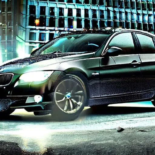 Prompt: Black BMW 328i in the rain, hd city backdrop, LED lights