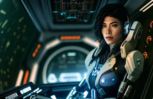 Prompt: a cyborg in a spaceship cockpit , ghost in the shell, high details, realistic, professionally colour graded, photorealism, 8k, pixiv, tumblr, instagram, deviantart, art by sakimi chan