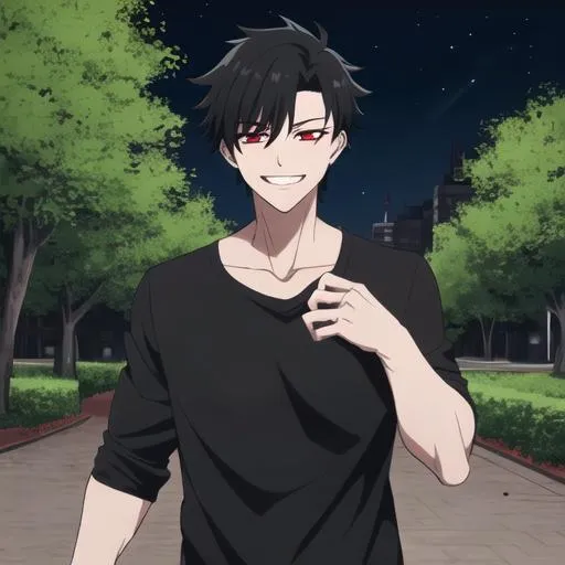 Prompt: Damien (male, short black hair, red eyes) in the park at night, grinning sadistically, casual outfit, dark out, nighttime, midnight