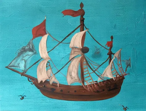 Prompt: Change this painting to a pirate sailing ship 