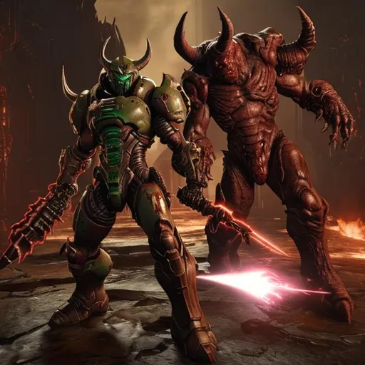 Prompt: Doom slayer from doom eternal killing the devil