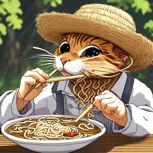 Prompt: a cat eating ramen while wearing a straw hat