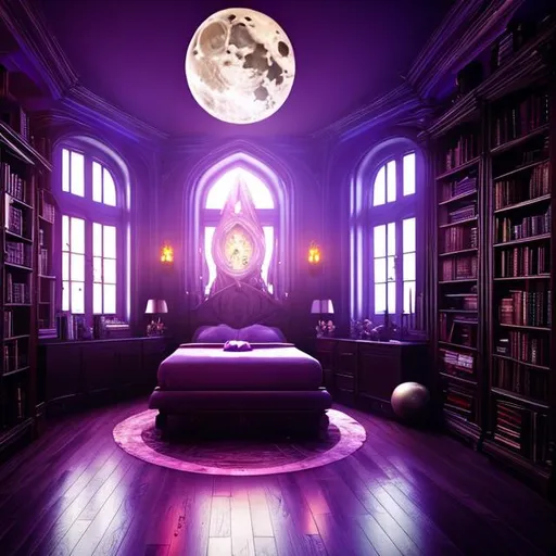 Prompt: HD, 4K, 3D, Stunning, magic, cinematic camera, two-point perspective, interior design,witch bedroom, ethereal, full moon outside, gorgeous gothic windows,bookshelf, cauldron, magic mirrors, light contrast, witchy ambient, purple sunstrails, moon glow, magic books 
