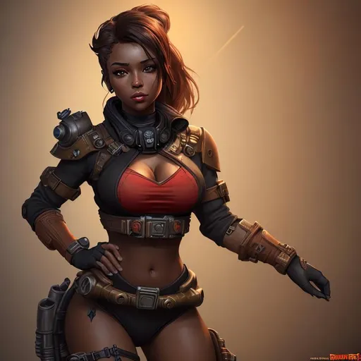 Prompt: ((best quality)), ((illustration)), ((masterpiece)), vibrant colors, unreal engine, highres, fantasy, 1 young woman, beautiful, light brown skin, petite, cleavage, red and black raider costume, fallout art style, highly detailed