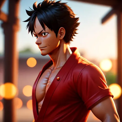 Prompt: Luffy, Highly Detailed, Hyperrealistic, sharp focus, Professional, UHD, HDR, 8K, Render, HD, Trending on ArtStation, bokeh, outdoor, close up,