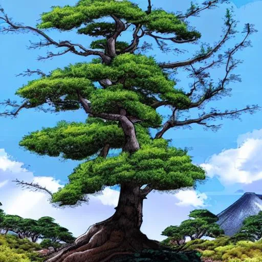 Prompt: A large Japanese tree on a hill anime 

