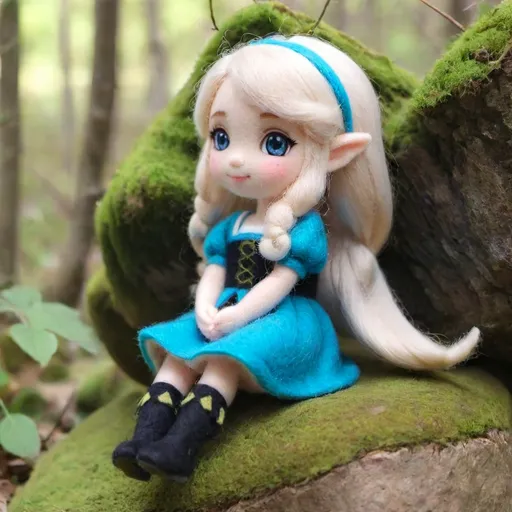 Prompt: full-length portrait of a beautiful young female elf with white hair and blue eyes. sitting on a large moss-covered boulder at the edge of a forest. face tilted into the sunlight, eye closed. content. anime